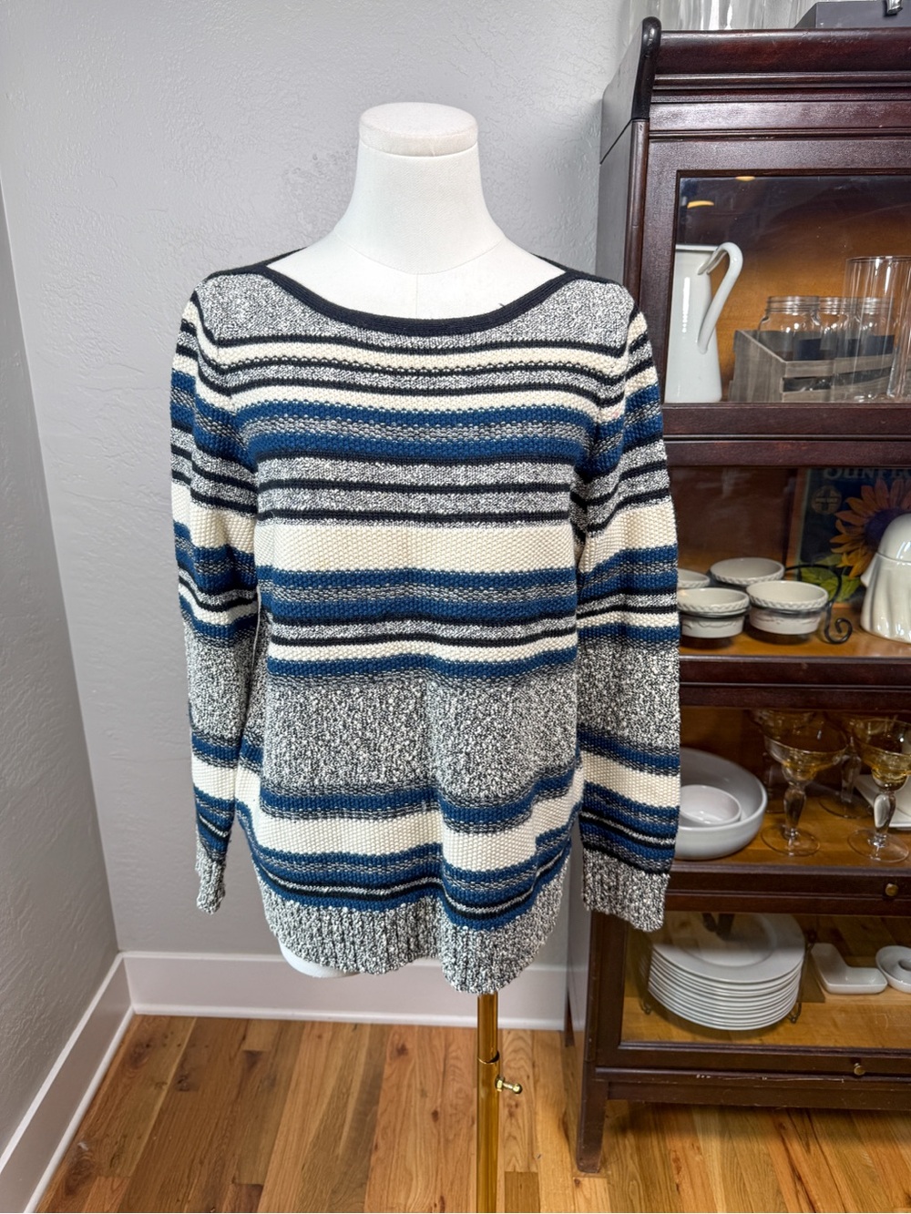Vince Wool Blend Striped Textured Knit Sweater Blue Black Ivory Size L